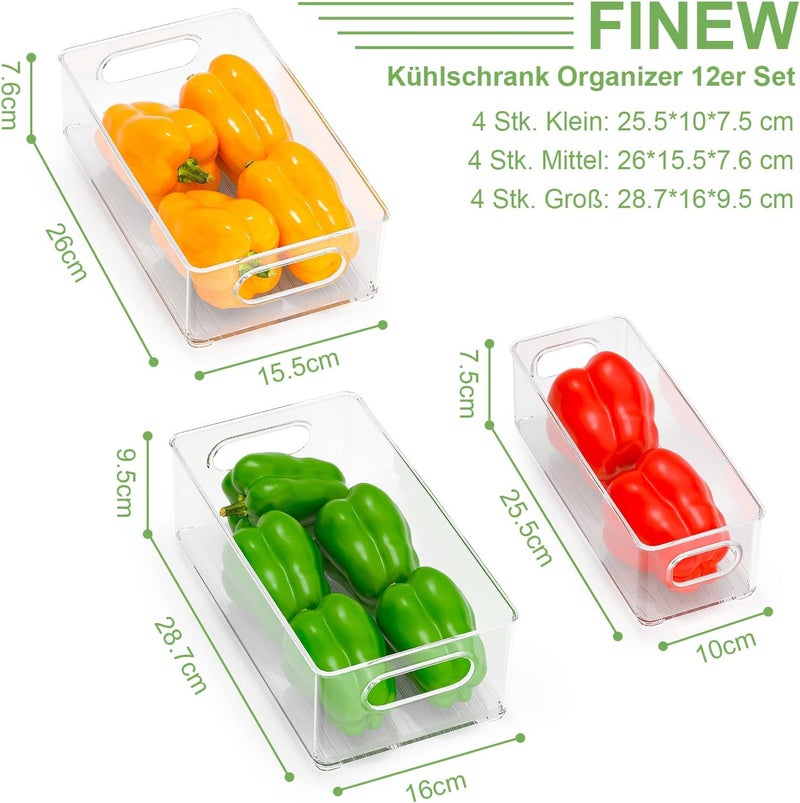 Finew Fridge Organiser Set of 12 (4 Small, 4 Medium, 4 Large), Stackable Fridge Container, Transparent Storage Box for Kitchen, Pantry, Cupboards, Sinks, Bathroom - BPA Free - Image 2