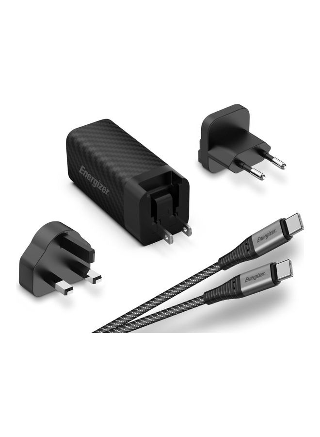 إنرجايزر محول GaN USB-C النهائي بقدرة 90 وات للهواتف الذكية والأجهزة اللوحية وأجهزة الكمبيوتر المحمولة وأجهزة الألعاب، وتوصيل الطاقة، وكابل من النوع C إلى النوع C بقدرة 100 وات، ومخرجات USB-A ونوع C، ومقابس دولية - Image 2