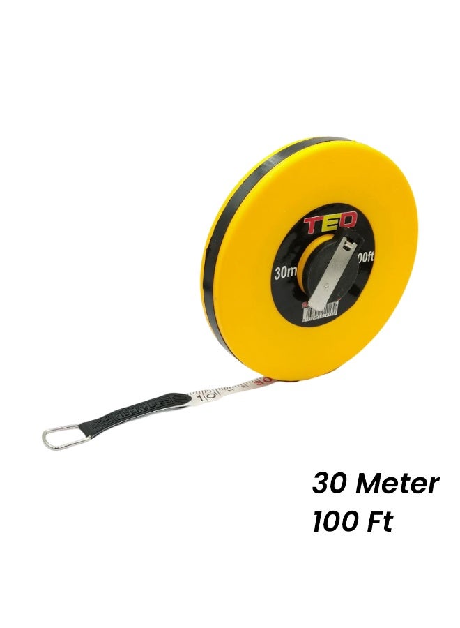 تيد شريط قياس TED مصنوع من الألياف الزجاجية بطول 30 مترًا و100 قدم | بكرة قياس طويلة متينة بمقبض | مقياس دقيق للبناء والمسح والمشاريع المنزلية والاستخدام الخارجي - Image 1