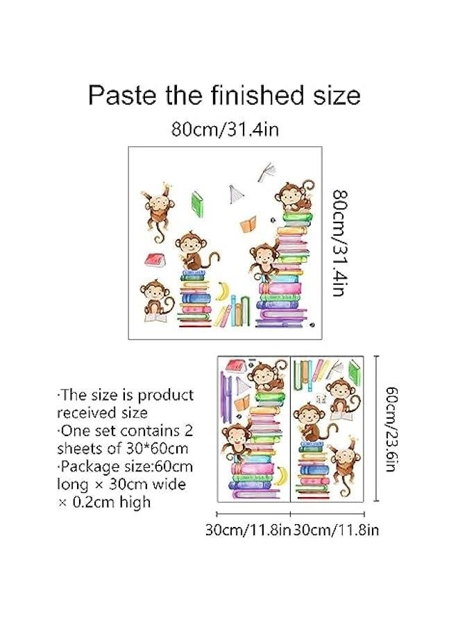 Children's Room Wall Stickers Monkey Playing on Stacking Book Wall Decals Baby Nursery Room Decoration Kids Room Bedroom Study Room Decals Kindergarten Playroom Wallpaper - Image 2