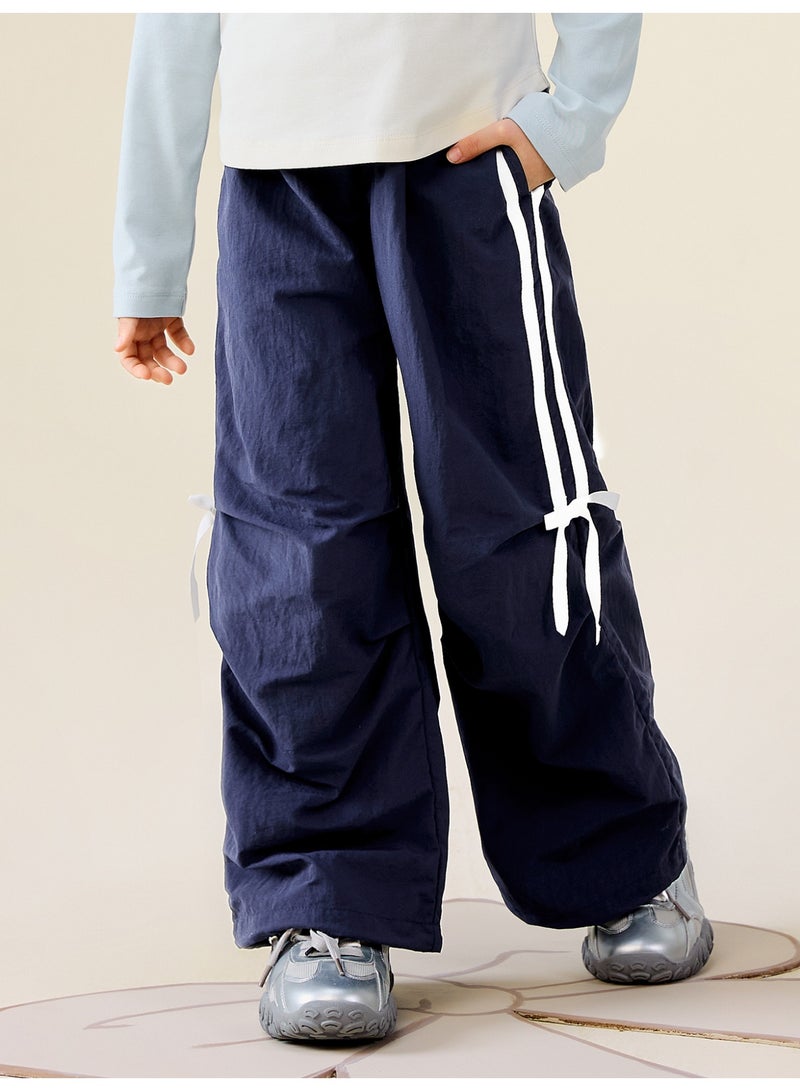 mini bala Girls' Casual Wide-Leg Pants, Elastic Waistband, Decorative Bow Details, Adjustable Hem, Lightweight & Comfortable, Ideal for Daily Wear & Outdoor Activities Trousers - Image 1