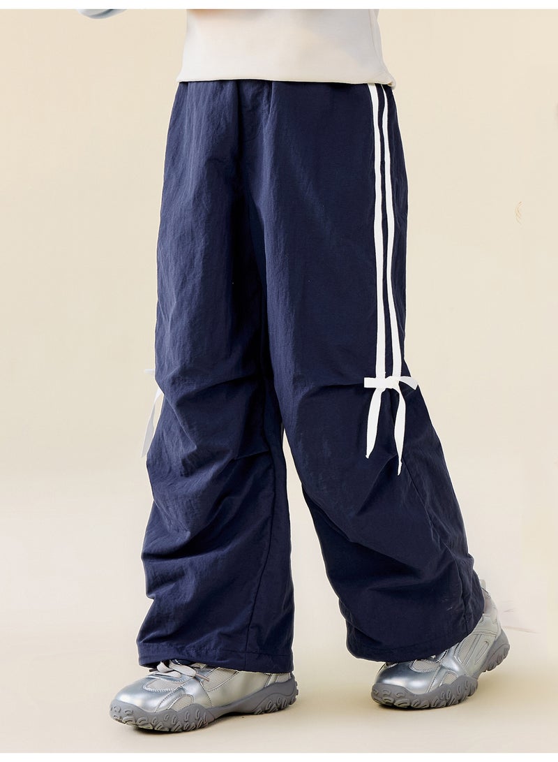 mini bala Girls' Casual Wide-Leg Pants, Elastic Waistband, Decorative Bow Details, Adjustable Hem, Lightweight & Comfortable, Ideal for Daily Wear & Outdoor Activities Trousers - Image 2