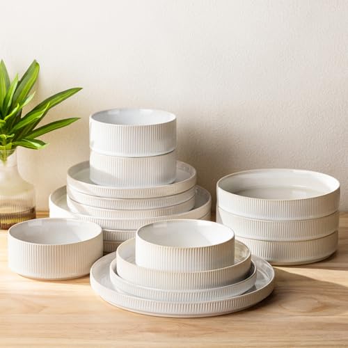 TheTerra Ceramic Dinnerware Sets with Pasta Bowls for 4, 16 Pieces Porcelain Lightweight Plates and Bowls Sets, Scratch Resistant Dish Set, Oven & Microwave & Dishwasher Safe, Reactive White - Image 1