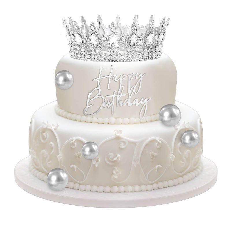 Otuuz 8 Pcs Silver Queen Crown Cake Decorations Birthday Theme Set Tiara Topper Crown Happy Birthday Cake Topper Foam Balls for Queen Princess Birthday Valentine's Day Party Photo Props - Image 1