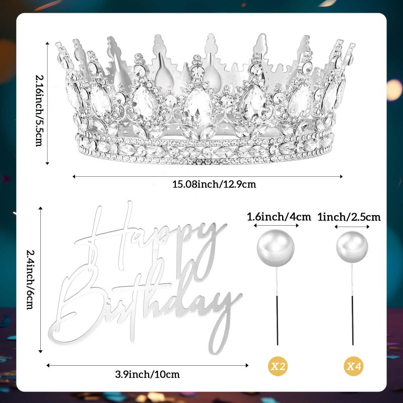 Otuuz 8 Pcs Silver Queen Crown Cake Decorations Birthday Theme Set Tiara Topper Crown Happy Birthday Cake Topper Foam Balls for Queen Princess Birthday Valentine's Day Party Photo Props - Image 2