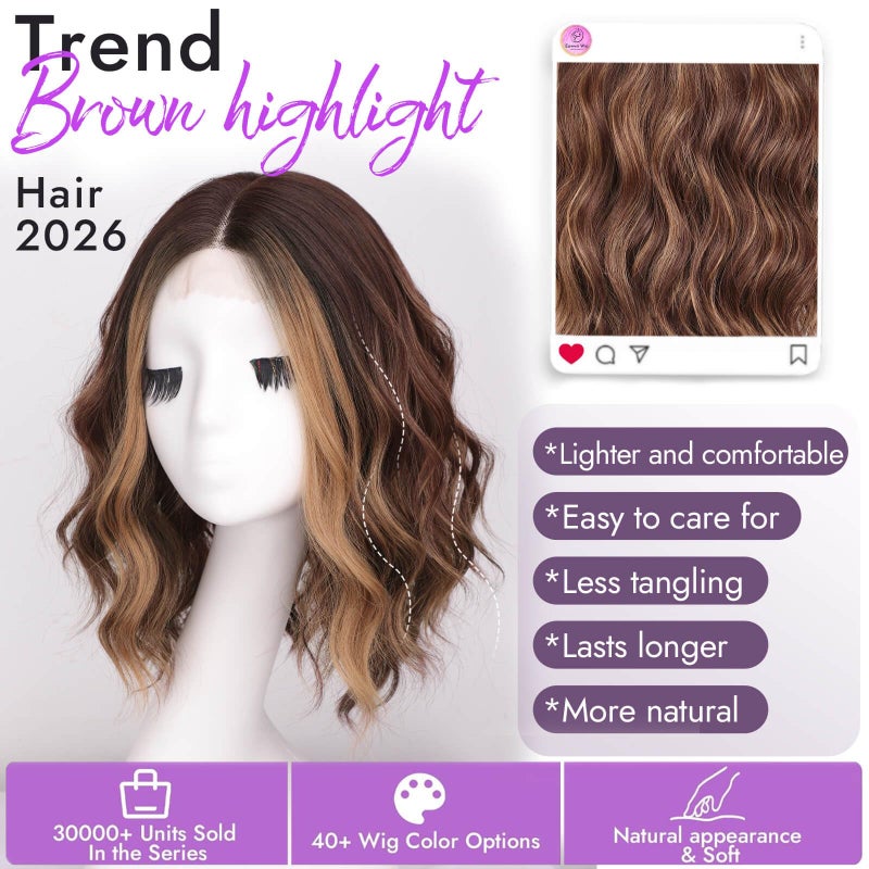 Eawwii Brown Highlight Short Wavy Wig for Women Lace Hairline Bob Style Synthetic Heat Resistant - Natural Appearance for Everyday Hairstyle 14 Inch - Image 2