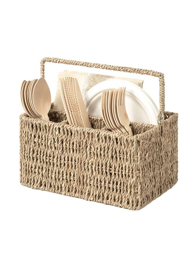 StorageWorks Wicker Flatware Organizer, Hand Woven Seagrass Cutlery Holder for Countertop with Handle, 1 Pack - Image 1