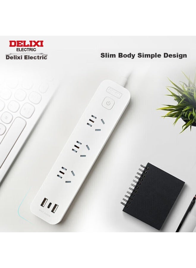 Delixi Usb Socket Power Strip/extension Cord/power Bar With Type-c Port + Usb Port + 2 Outlets, 1 Meter Long, Master Switch - Image 3