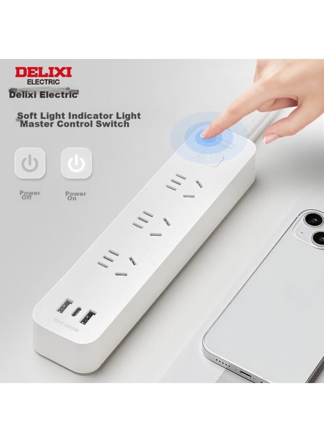 Delixi Usb Socket Power Strip/extension Cord/power Bar With Type-c Port + Usb Port + 2 Outlets, 1 Meter Long, Master Switch - Image 4