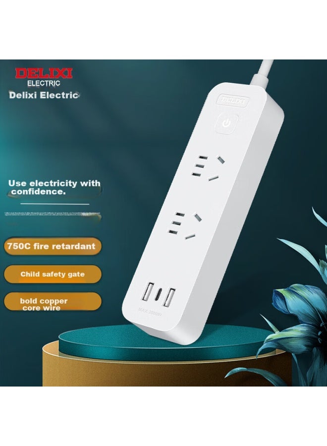 Delixi Usb Socket Power Strip/extension Cord/power Bar With Type-c Port + Usb Port + 2 Outlets, 1 Meter Long, Master Switch - Image 1