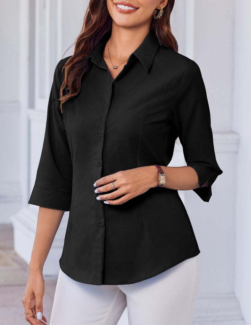 HOTOUCH Womens Black Button Down Shirt 3/4 Sleeve Work Dress Shirt Ladies Slim Fitting V Neck Tops and Blouses L - Image 3
