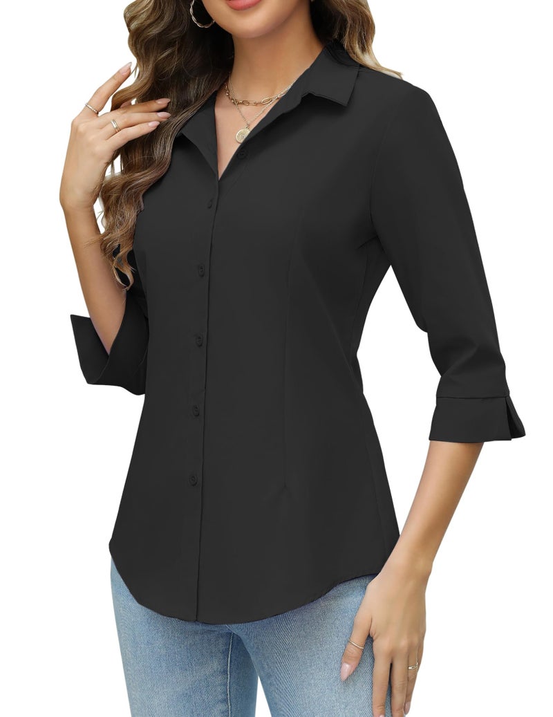 HOTOUCH Womens Black Button Down Shirt 3/4 Sleeve Work Dress Shirt Ladies Slim Fitting V Neck Tops and Blouses L - Image 1