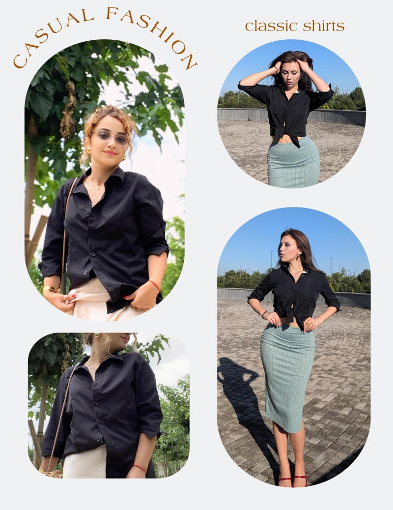 HOTOUCH Womens Black Button Down Shirt 3/4 Sleeve Work Dress Shirt Ladies Slim Fitting V Neck Tops and Blouses L - Image 4