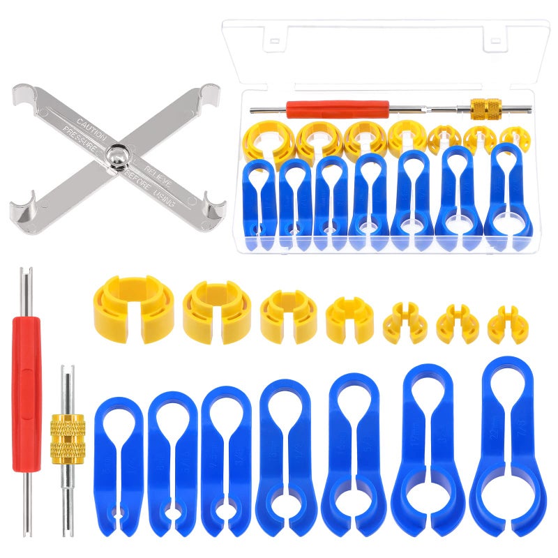 Glarks 17pcs Fuel Line Disconnect Removal Tool Kit Including 1pc Fuel Filter Tool 14Pcs 14 516 38 12 58 34 78 Inch AC Quick Disconnect Tools and 2Pcs Valve Core Remover Tool