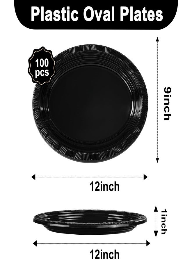 WELLIFE 100pcs Black 12 Inch Oval Plastic Plates, Disposable Heavy Duty Oval Serving Platters, Large Plastic Oval Dinner Plates for Wedding, Anniversary, Dinner Party, Catering, BBQ & Holiday Gatherings - Image 3