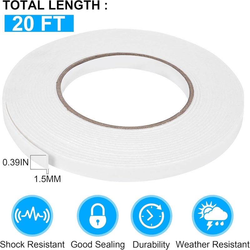 ToLanbbt Double Sided Foam Tape 0.39In x 20FT, Mounting Tape Heavy Duty, Strong Adhesive Weatherproof Seal Strips for DIY Craft Picture Poster, Car & Gap Filling Mountings, Home Office Decor (White) - Image 2