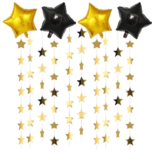 TOYXE Star Foil Balloons with Hanging 3D Paper Frills Golden Black – Set of 12 Pieces for Wall Decor – Ideal for Birthday, Anniversary, Welcome Baby & Party Decorations - Image 1