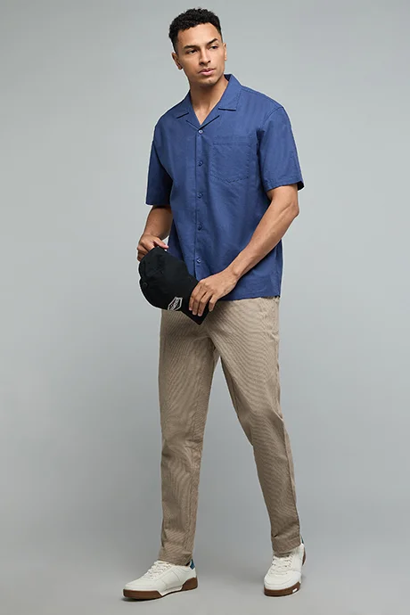 R&B Solid Shirt with Revere Collar and Short Sleeves