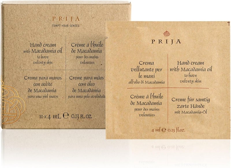 Prija Hand Cream Sachet Gift Pack with Macadamia Oil Deeply Hydrating and Emollient Hand Moisturiser in Individual Sachets Premium Travel Hand Care 10 x 4ml