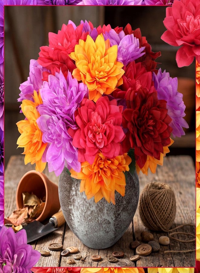Maysing 6pcs Spring Flora Dahlia Artificial Flowers for Outside 42 Heads Silk Dahlias Outdoor Indoor Decorations for DIY Bouquets Centerpiece Garden Window Box, Mixed color(Red, Rose Red, Purple, Orange) - Image 3