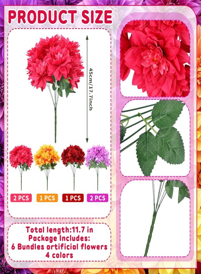 Maysing 6pcs Spring Flora Dahlia Artificial Flowers for Outside 42 Heads Silk Dahlias Outdoor Indoor Decorations for DIY Bouquets Centerpiece Garden Window Box, Mixed color(Red, Rose Red, Purple, Orange) - Image 2
