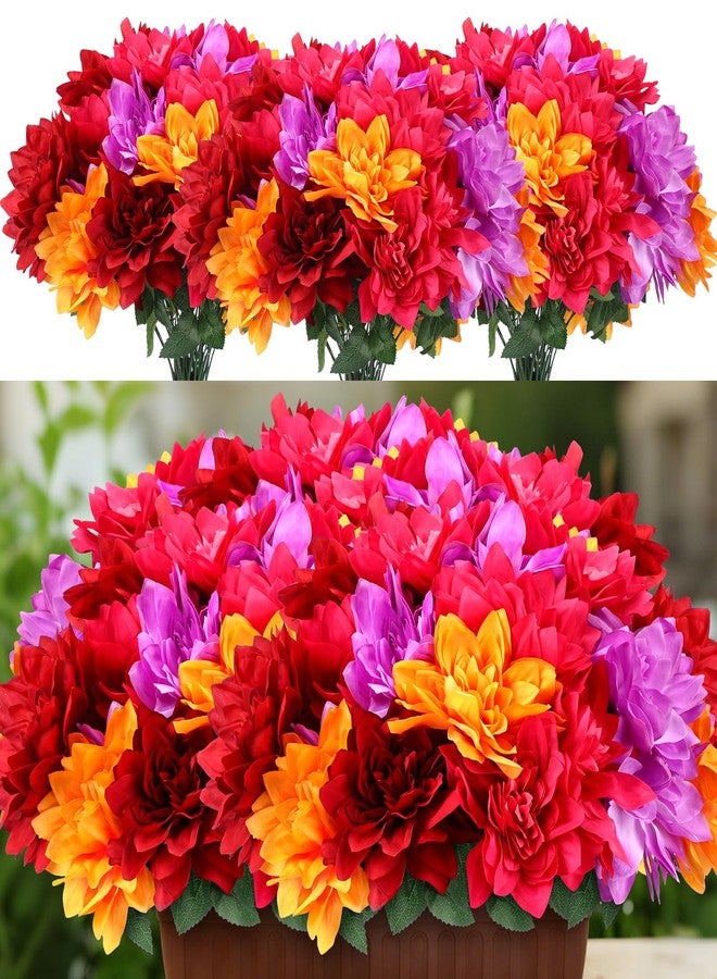 Maysing 6pcs Spring Flora Dahlia Artificial Flowers for Outside 42 Heads Silk Dahlias Outdoor Indoor Decorations for DIY Bouquets Centerpiece Garden Window Box, Mixed color(Red, Rose Red, Purple, Orange) - Image 1