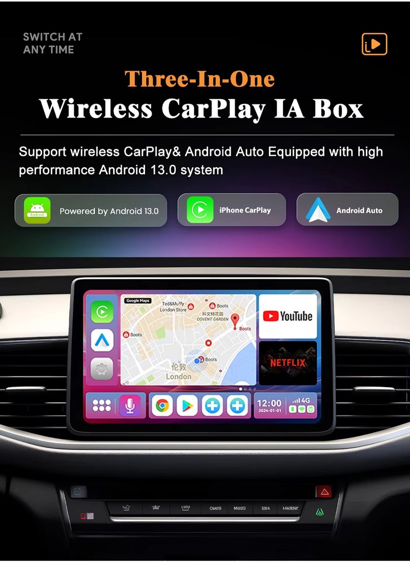 Mi VAZA - Wireless CarPlay Box - Wireless Android Auto - 3-in-1 Car AI Box - Car Link Kit - Android 13.0 - Car Adapter Box - Support 5G/2.4G Wifi, Bluetooth 5.0, Mirco SD Card, 4G LET - 8+128GB - Image 1