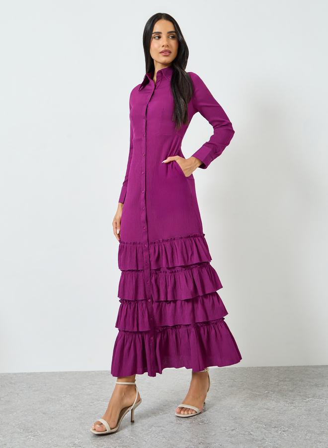 Styli Purple Buttoned Ruffled Tiered Hem Maxi Dress - Image 3