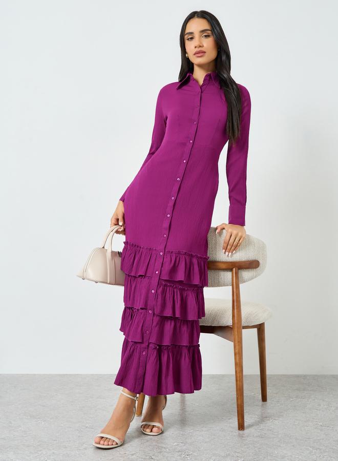 Styli Purple Buttoned Ruffled Tiered Hem Maxi Dress - Image 1