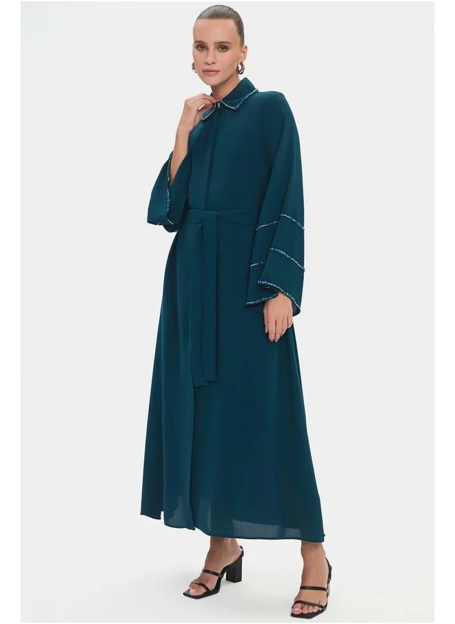 جون June Women Shirt Collar Embroidery Detailes Dress Teal