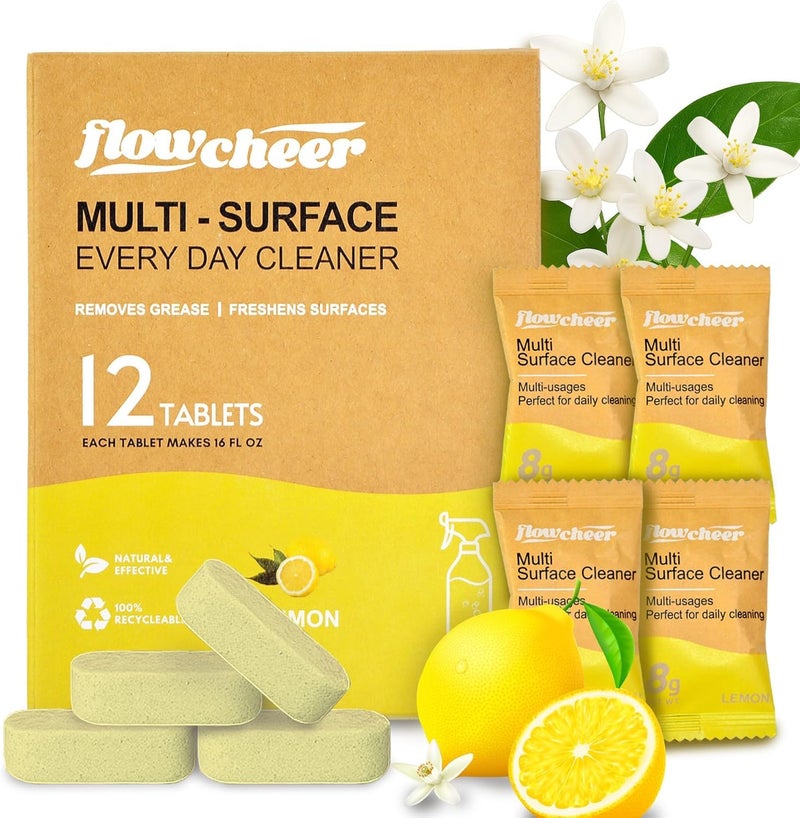 Flowcheer All Purpose Cleaner Concentrate Refills, Multi Surface Clean Refill,No Toxic Cleaning Tablets(12Pack)-Makes 192 fl oz(12x16Fl oz)Bottles of Spray Cleaner for Household&Kitchen Cleaning-Lemon - Image 1