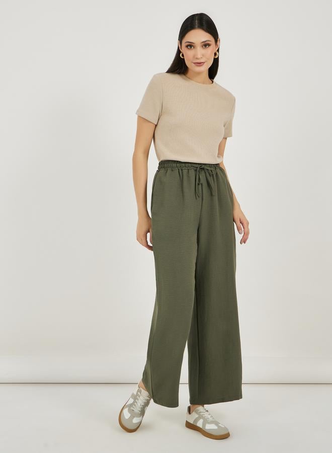 Styli Textured Wide Leg Pants with Elasticated Waistband & Drawcord - Image 1