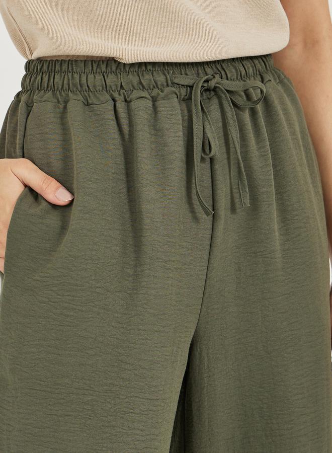 Styli Textured Wide Leg Pants with Elasticated Waistband & Drawcord - Image 3