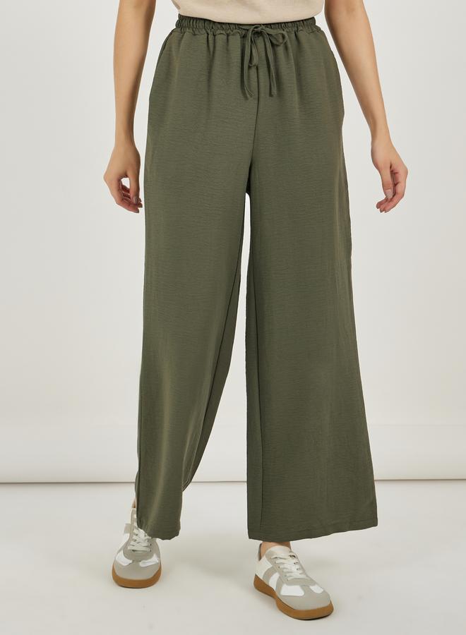 Styli Textured Wide Leg Pants with Elasticated Waistband & Drawcord - Image 2