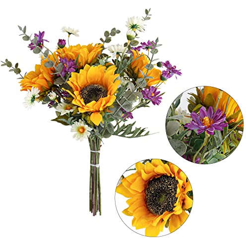 CEWOR Artificial Sunflowers Bouquet Fake Cemetery Flower Bouquet with Sunflowers for Bridal Bouquets Wedding Centerpieces Decor Party Table Gravesites Fall Floral Arrangements Home Decoration - Image 3