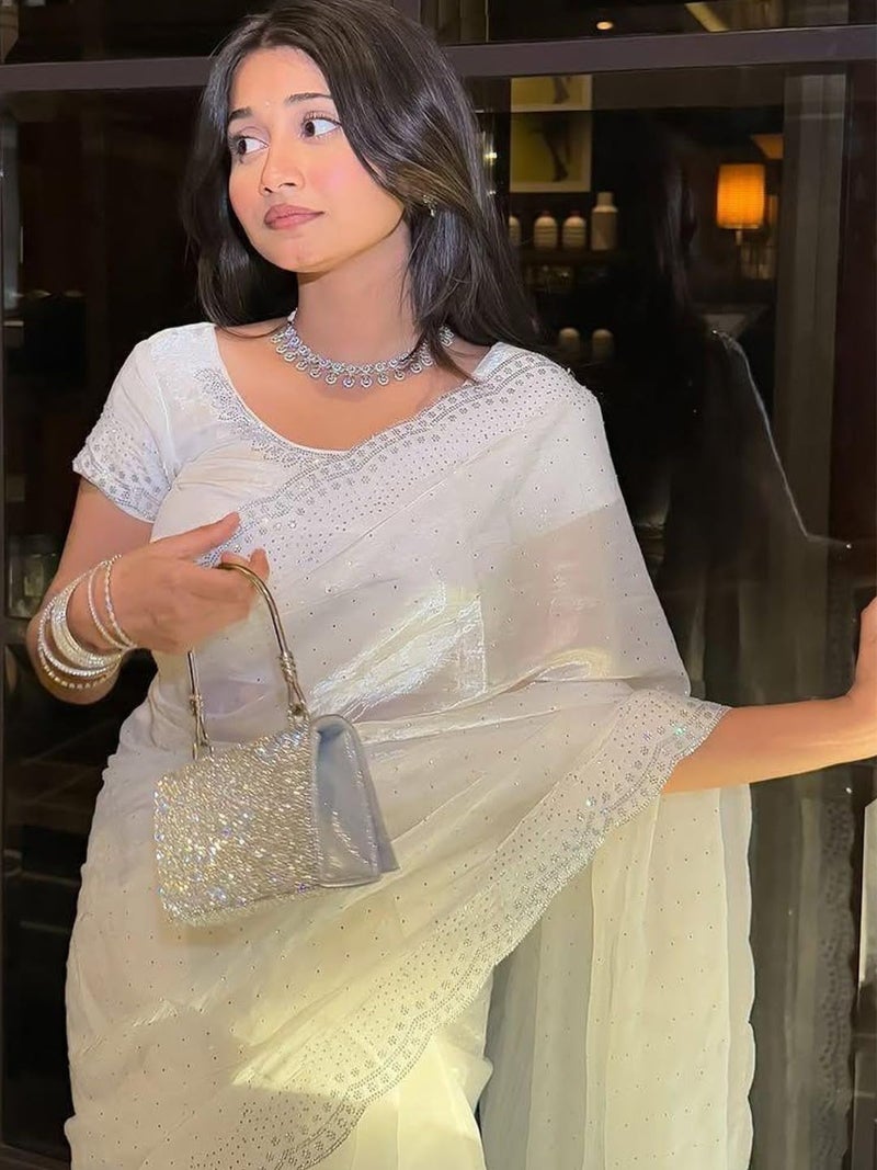 NoseQueen Women Beautiful Soft Silk Designer Saree with blouse - White - Image 2