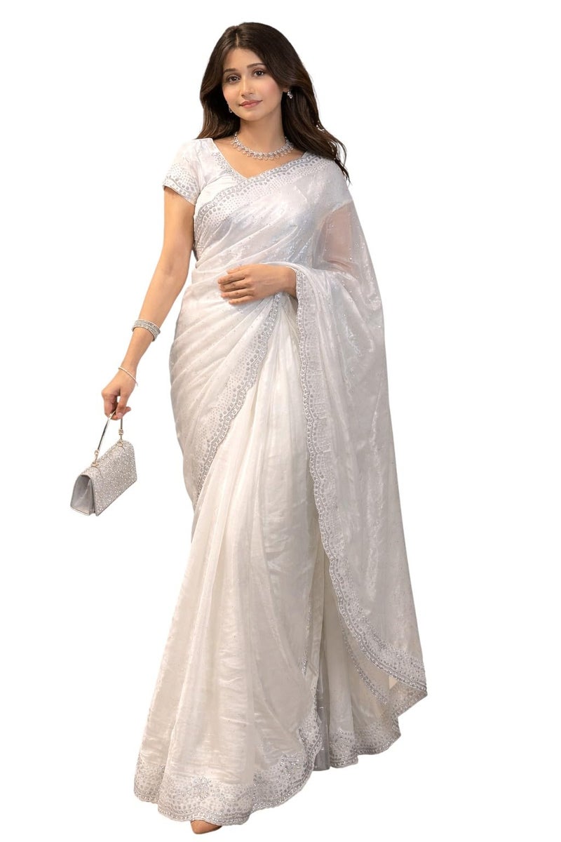 NoseQueen Women Beautiful Soft Silk Designer Saree with blouse - White - Image 1