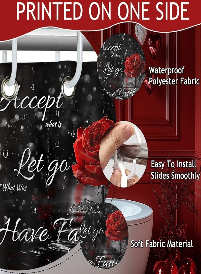 Mocsicka Rose Shower Curtain for Valentines Day Bath Decorations Romantic Floral Valentines Day Shower Curtain for Girls Black and Red Bath Curtain Waterproof Fabric, 72''X 72'' - Image 3