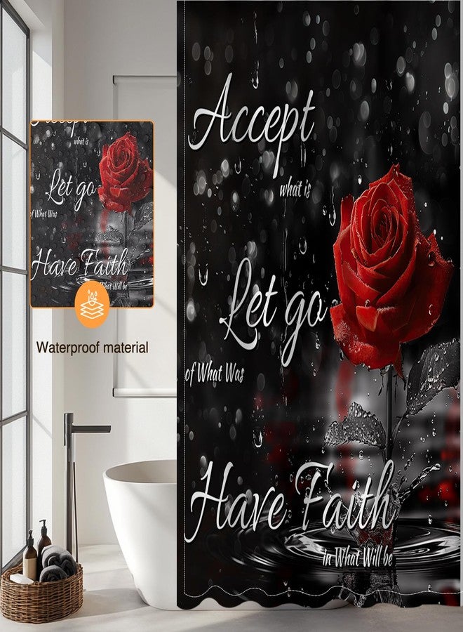 Mocsicka Rose Shower Curtain for Valentines Day Bath Decorations Romantic Floral Valentines Day Shower Curtain for Girls Black and Red Bath Curtain Waterproof Fabric, 72''X 72'' - Image 4