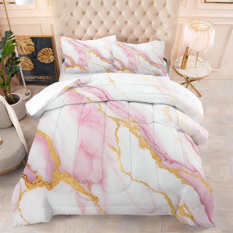 EDGZKO Girls Comforter Set Twin: Pink Marble Twin Bedding Sets for Teen Girls Tween Kids Pink and Gold Glitter Abstract Marbling Pastel Quilt Bed Set 1 Comforter & 1 Pillow Case - Image 1