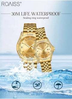 roaiss Men's and Women's Fashion Business Couple Gold Watch, Analog Display Round Dial, Luminous Waterproof Stainless Steel Couple Wristwatch, Wedding Romantic Gift 2pcs Set  - Image 5