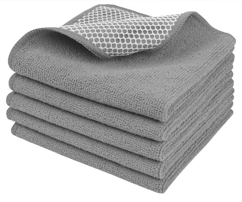 منشفة أطباق ميكروفايبر ماصة من SINLAND لغسل الأطباق أفضل منشفة مطبخ لتنظيف الأطباق مع جانب فرك بولي 12 إنش × 12 إنش 5 عبوات رمادي