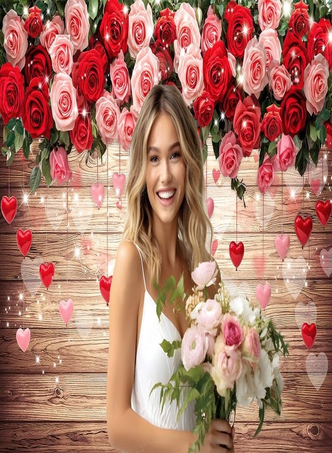 Dudaacvt 7x5ft Happy Valentine's Day Backdrops Brown Wood and Red Rose Flower Love Heart Backdrop Valentines Birthday Wedding Bridal Shower Party Decorations Banner D794 - Image 2