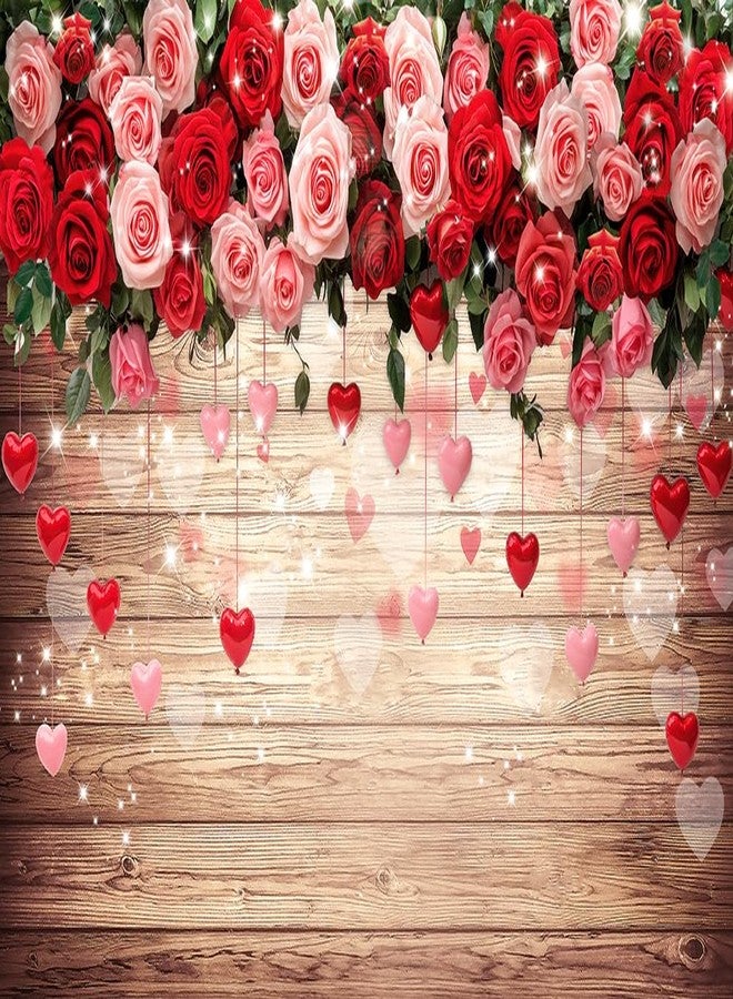 Dudaacvt 7x5ft Happy Valentine's Day Backdrops Brown Wood and Red Rose Flower Love Heart Backdrop Valentines Birthday Wedding Bridal Shower Party Decorations Banner D794 - Image 1