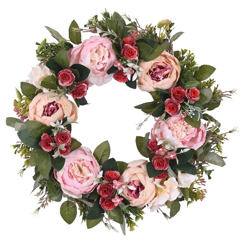 LIVILAN LIVILAN Pink Artificial Peony Wreath 15 Round Silk  Rattan MultiPurpose Christmas Wedding Door  Wall Mount 