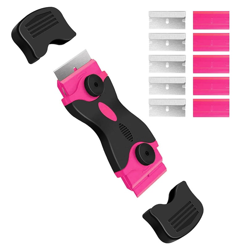 DEKEones Razor Blade Scraper, Double Edged Razorblade Scraping Tool with 10 Pcs Razor Blades, Paint Scraper for Glass, Decals, Tint, Stickers, Labels, Caulk, Adhesive(Pink) - Image 1