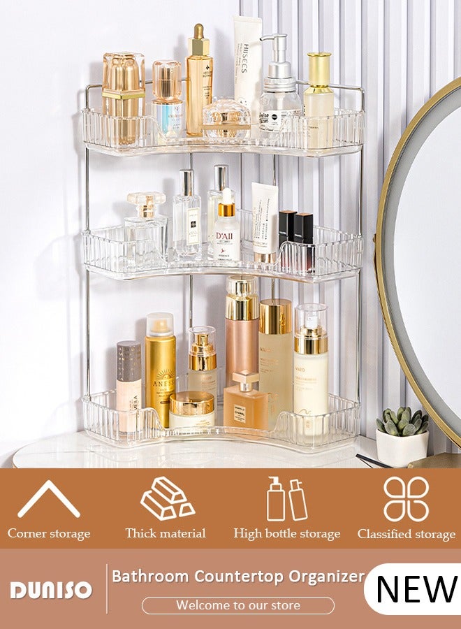 DUNISO 3-Tier Corner Bathroom Countertop Organizer, 3 Tiers Versatile Counter Shelf, Vanity Trays for Bathroom Counter, Makeup Organizer, Perfume Tray, Kitchen Spice Rack, Fits 90 Corner - Image 1