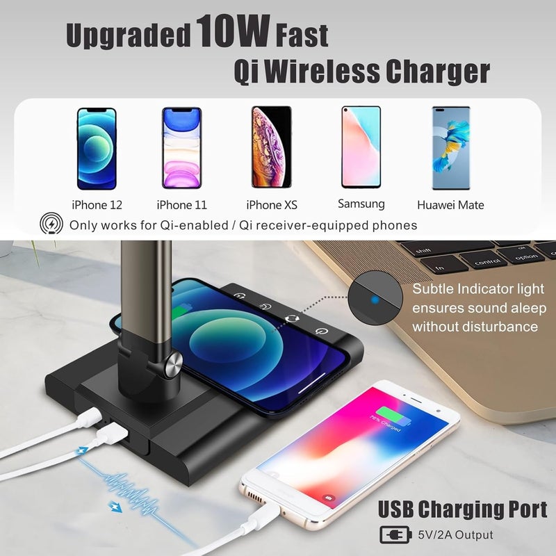 YIMI LED Desk Lamp Table Lamps with Fast Wireless Charger & USB Charging Port, 12W Reading Desk Lights with 35 Dimmable Adjustable Lighting, Smart Timer, Eye-caring Office Light for Home Office,Study(Grey) - Image 2