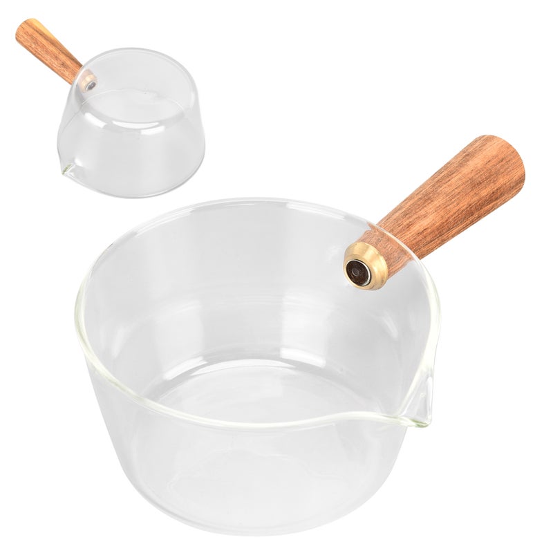 Glass Milk Pot with Wooden Handle V Shaped Spout Noodles Saucepan Home Kitchen Cookware Accessory400ml - Image 1