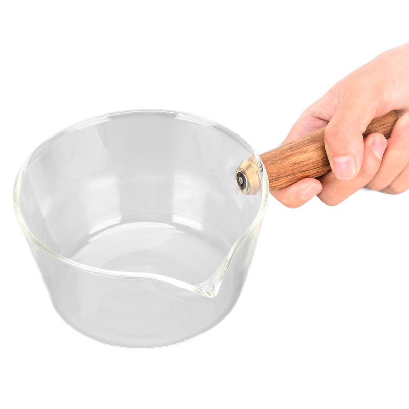 Glass Milk Pot with Wooden Handle V Shaped Spout Noodles Saucepan Home Kitchen Cookware Accessory400ml - Image 3